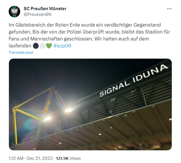 球場出現(xiàn)不明爆炸物:明斯特VS多特2隊(duì)德丙比賽被迫推遲